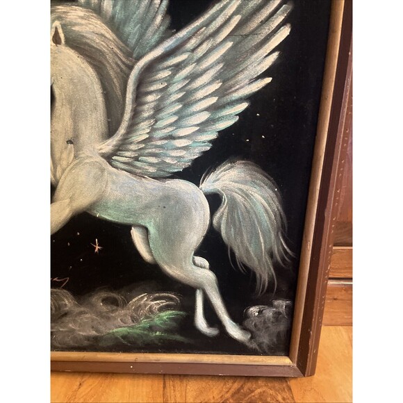 Fantasy unicorn Rainbow Velvet Painting 21 x27" Wood Frame Pegasus Signed - Picture 5 of 16